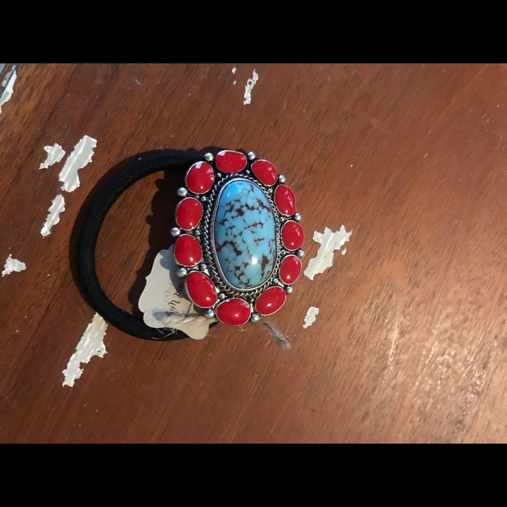 Faux turquoise and coral hair tie